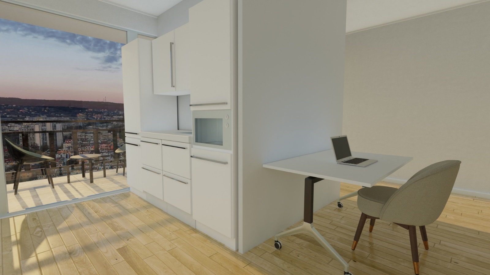 Küchenzeile mit Arbeitsplatz und Blick auf die Loggia